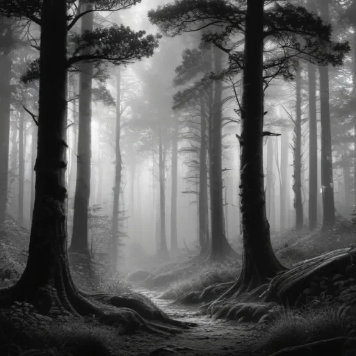 A Mysterious Forest Path Shrouded in Mist and Shadows at Dusk.