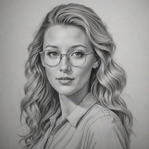 Charming Blake Lively, pencil sketch, portrait of Fascinating woman 1948s in glasses, hair style beatnik, outline, clear lines, fine lines, 8k
