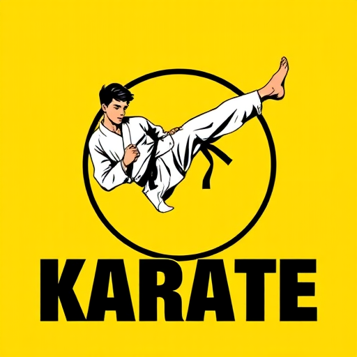 Generate an image of a karate logo featuring a martial artist in a high kick pose with bold black lettering, on a vibrant yellow background, focused on high contrast and clarity, using a DSLR camera with a 50mm lens, aperture set to f/1.8, ISO 100, and natural lighting for enhanced image quality.