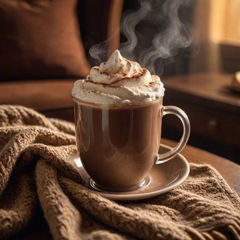 Warmly lit, close-up photo of a steaming cup of hot chocolate topped with whipped cream, soft golden light reflecting off the rich brown liquid, with a cozy blanket draped over the arm of a nearby chair.