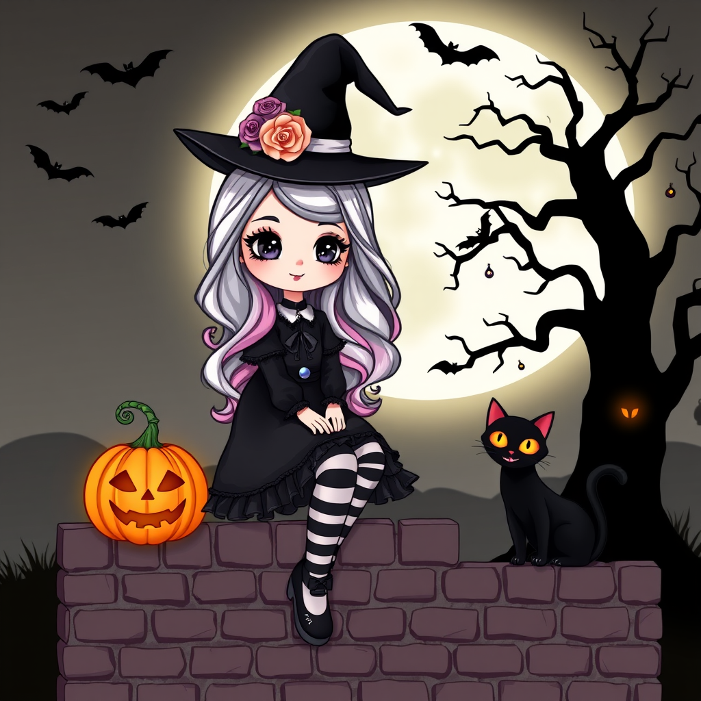 A cute, gothic-style cartoon of a young witch resembling Wednesday Addams sitting on a brick wall under a full moon. She has long wavy hair with silver, pink, and purple ombre highlights, and wears a classic black witch hat decorated with a pumpkin and roses. She is dressed in a black frilly dress with striped stockings and black shoes. A glowing Jack-o'-lantern sits beside her, and a black cat with glowing orange eyes is next to her. The background features a large moon, silhouetted bats, and a spooky tree, with a soft monochrome and slightly glowing effect, creating a magical Halloween atmosphere.