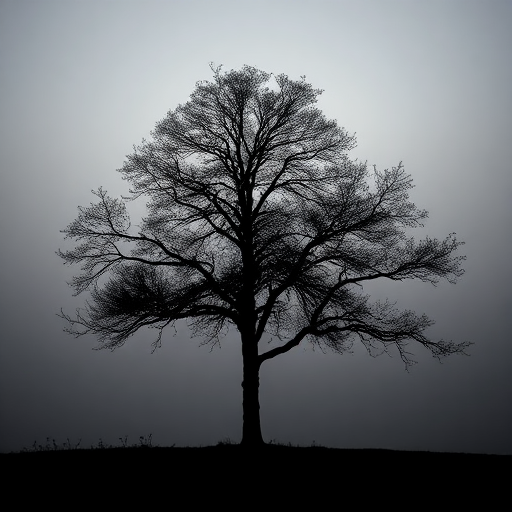 Generate a minimalist black silhouette of a tree with a calm background, shot with a Canon EOS 5D Mark IV at f/11, ISO 100, 1/125 sec, with a 50mm lens in a portrait view for enhanced clarity and detail.