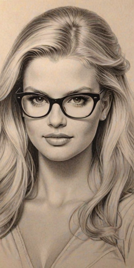 Wonderful Jessica Simpson, pencil sketch, portrait of Resplendent woman 1939s in glasses, hair style beatnik, outline, clear lines, fine lines, 8k