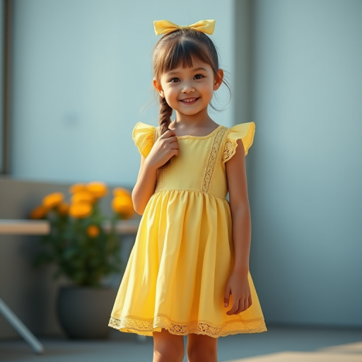 Create a lifelike 3D render of a young girl in a vintage yellow dress with lace details, standing in a cheerful pose, using a Canon EOS R5 with a 50mm f/1.2 lens, aperture set to f/1.8 for a shallow depth of field, shot in natural lighting from a slightly low angle for an engaging perspective.
