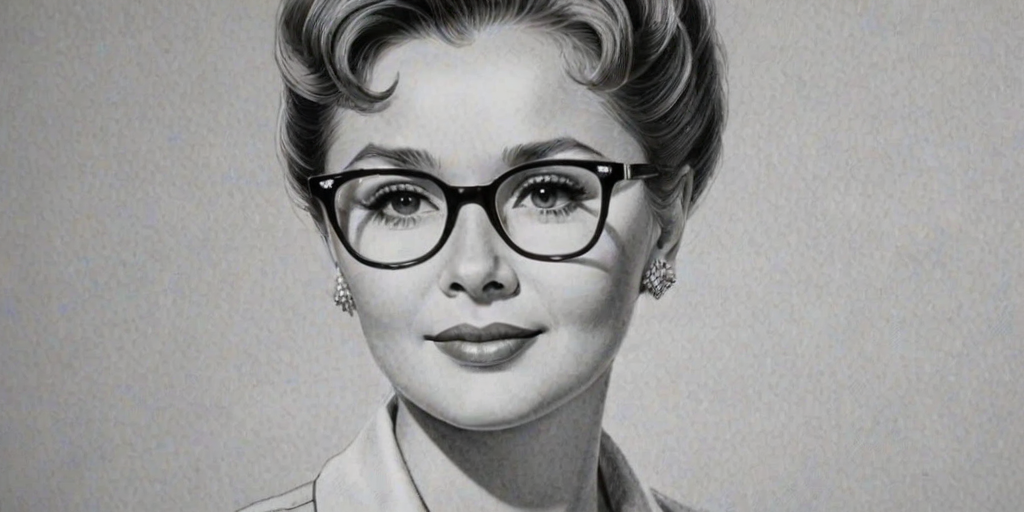 Sublime Debbie Reynolds, pencil sketch, portrait of Exquisite woman 1950s in glasses, hair style beatnik, outline, clear lines, fine lines, 8k