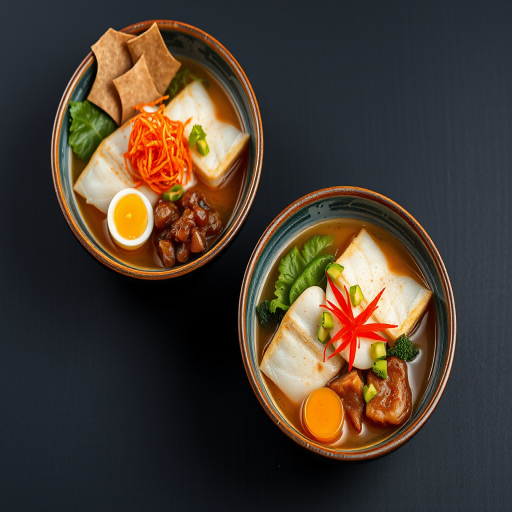 A high-resolution image of two bowls of Japanese cuisine featuring white fish, colorful toppings, and garnishes on a dark background, shot with a DSLR camera at f/2.8, 1/60 sec, ISO 100 from a top-down view using a macro lens to capture details and textures.