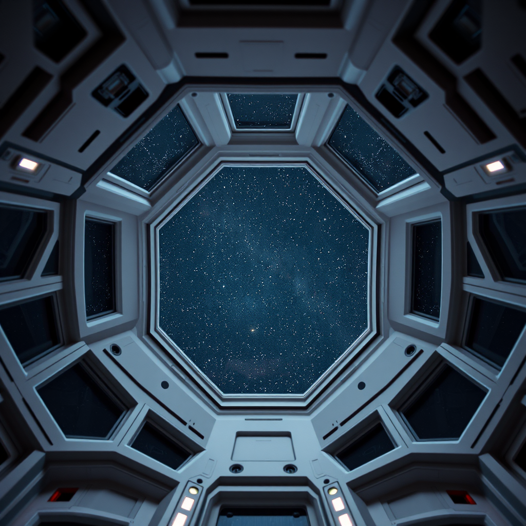 interior of a futuristic spaceship with an octagonal ceiling, stars visible through a large viewport, high-resolution, wide-angle lens, f/2.8 aperture, ISO 100, shot on a DSLR camera, low angle view, soft artificial lighting for enhanced contrast