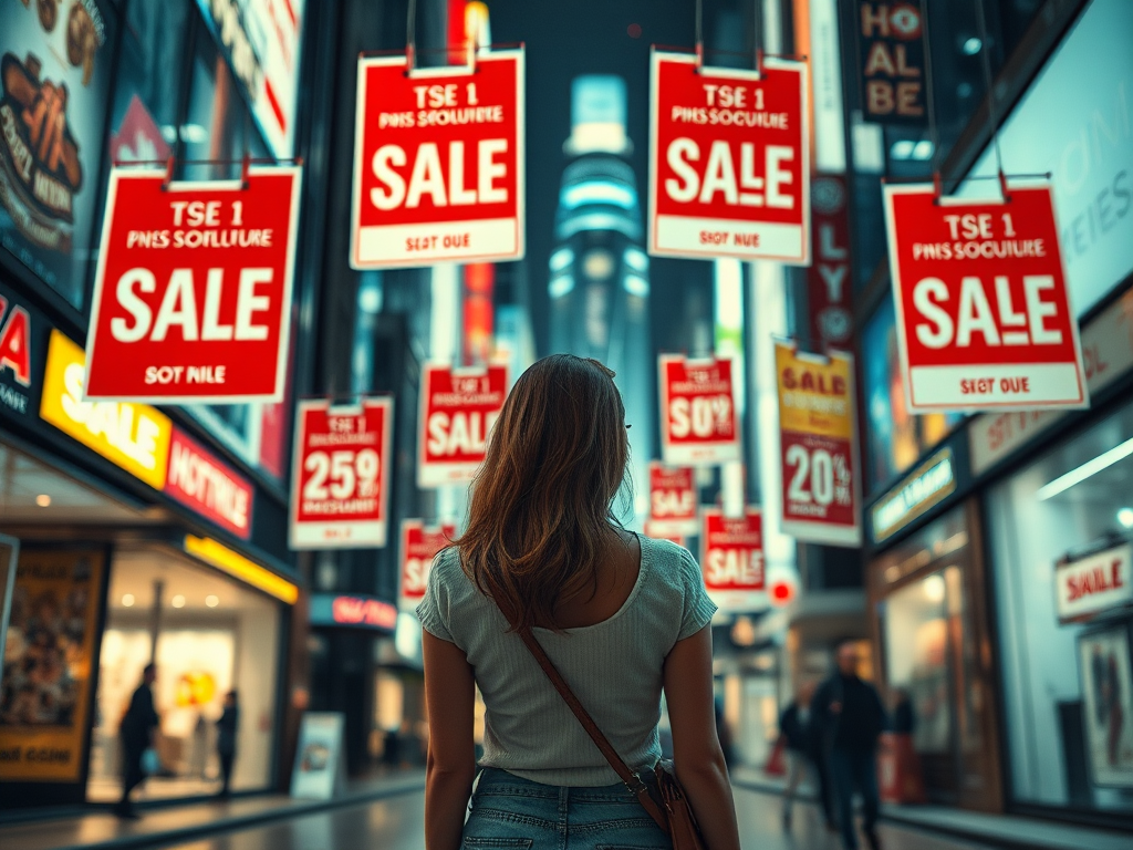 generate an image of a woman standing with her back to the viewer, surrounded by floating sale signs with various discounts in a futuristic city setting, using a DSLR camera with a 50mm lens, aperture f/1.8, ISO 100, wide-angle view, high dynamic range imaging for enhanced clarity and detail