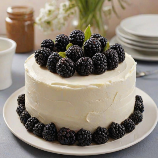 Create an image of a round cake with a smooth white frosting topped with a decorative arrangement of blackberries and blueberries. The berries should be placed in a crescent shape around the top edge of the cake, with a touch of green leaves for contrast. The cake should sit on a simple white cake board, and the background should be a soft, neutral color to highlight the cake's features.