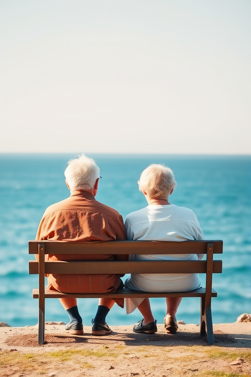 Create an image of an elderly couple sitting on a bench overlooking the ocean on a clear day, shot with a DSLR camera at f/8 aperture, 1/250 sec shutter speed, ISO 100, wide-angle lens, and soft natural lighting.