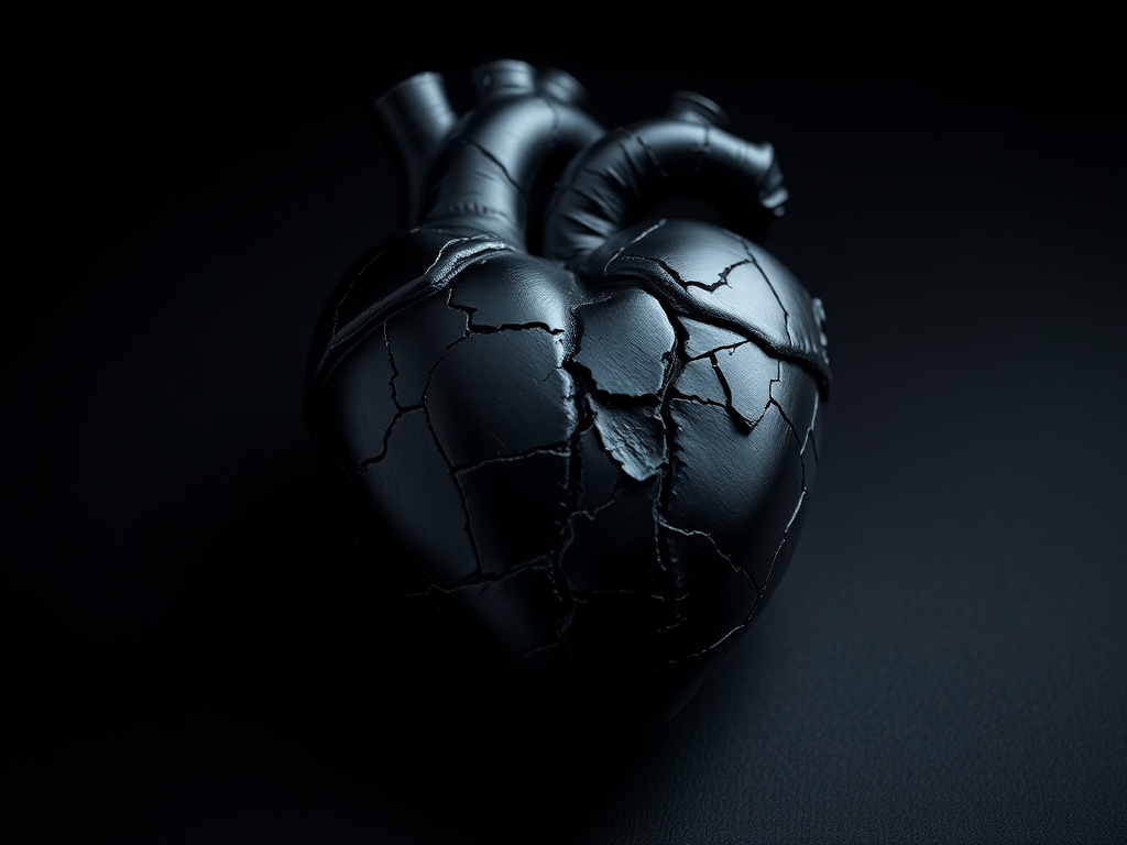 Create a hyper-realistic image of a cracked black heart on a deep black background, using a DSLR camera with a 50mm lens, aperture set to f/1.8, ISO 100, shutter speed 1/200s, soft diffused lighting to enhance reflections and details.