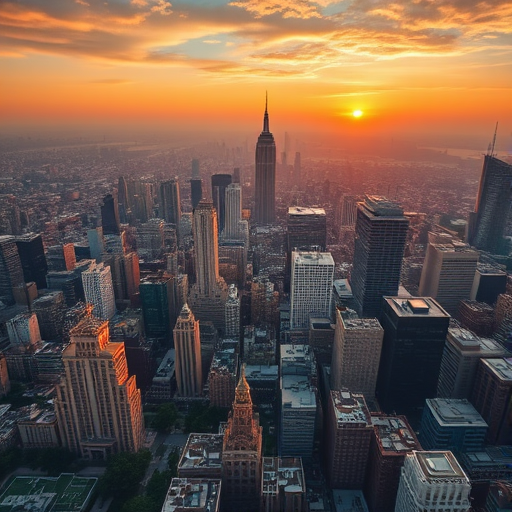 high-resolution aerial view of a sprawling urban cityscape at sunset, with warm golden hues illuminating the skyline, soft focus effect, ISO 100, f/11, shutter speed 1/200s, wide-angle lens, DSLR camera