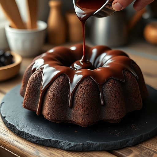 A close-up shot of a rich chocolate bundt cake on a dark slate plate, with warm chocolate ganache being poured over the top, soft natural lighting with a shallow depth of field, using a Canon EOS R5, ISO 100, f/2.8, shutter speed 1/100 seconds, capturing a cozy and inviting kitchen atmosphere.