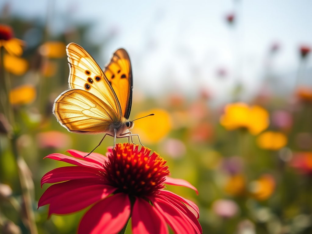Close-up of a butterfly landing on a vibrant red flower in a sunny meadow, with delicate wings gently illuminated by soft sunlight, and distant wildflowers creating a colorful, softly blurred backdrop.