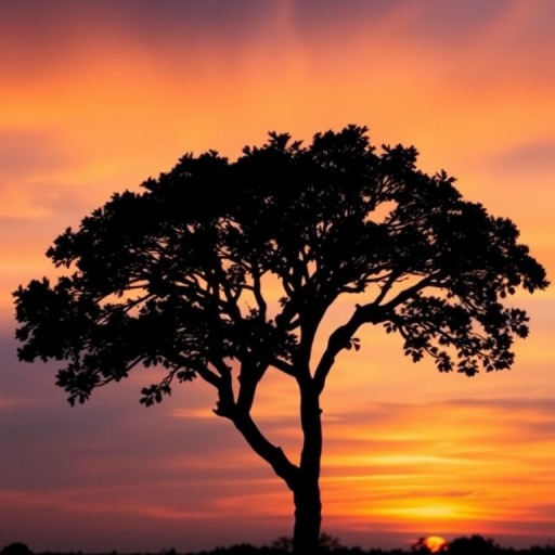 Create a high-resolution silhouette image of a tree against a sunset background, using a DSLR camera with a 50mm lens, aperture f/1.8, ISO 100, and a wide-angle view to capture the vibrant colors of the sky.