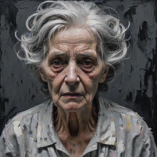 Final exit party. Dark Moody impasto dark picture edges. old woman. grey untidy hair streaked with white and pastel muted colours. include whole head and neck and shoulders. death lurks in the background.