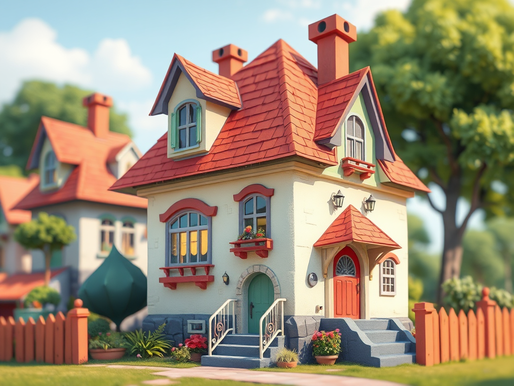 Regenerate an artistic illustration of a quirky, whimsical house with exaggerated architectural features, using a 35mm lens at f/8 aperture, with a slight tilt-shift effect, shot in a vibrant cartoon style, in high resolution.