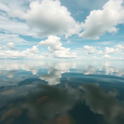 Regenerate a serene coastal landscape with a clear sky and fluffy clouds reflected in tranquil water, using a DSLR camera, 24mm lens, f/8 aperture, ISO 100, at a low angle view to enhance depth and detail.
