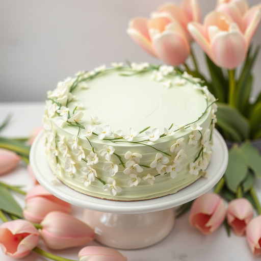A beautifully decorated cake with a light green frosting covered in delicate white flowers and green stems arranged in a charming floral design on a white cake stand surrounded by soft pink tulips in the background.