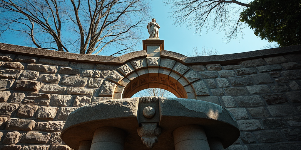regenerate the image of a stone well with a statue on top, using a DSLR camera with a 50mm lens, aperture set to f/4, ISO 100, capturing from a low angle perspective, high dynamic range style, with natural lighting to enhance details and textures in the stonework.