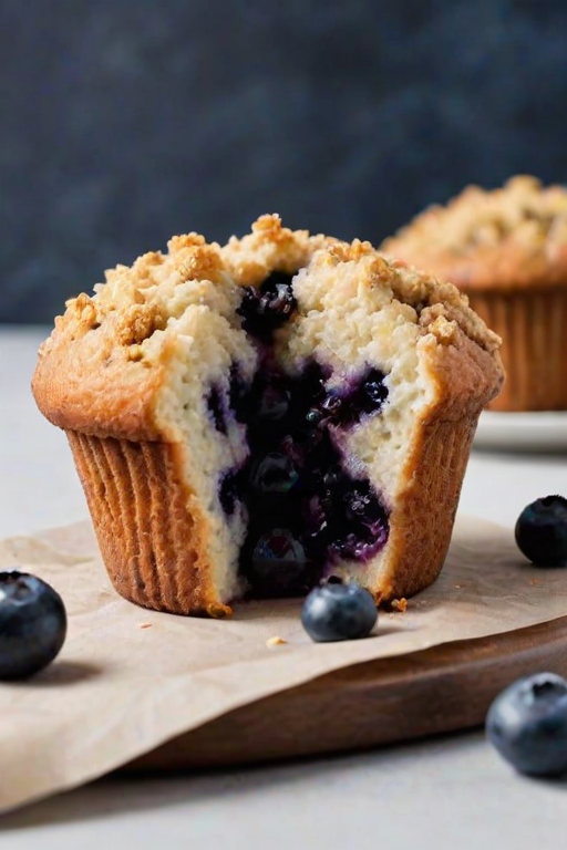 Generate an image of a blueberry muffin with a crumbly topping, showing a cross-section that reveals a creamy filling and juicy blueberries inside. The background should be light and soft, with a hint of kitchen elements for a cozy atmosphere.