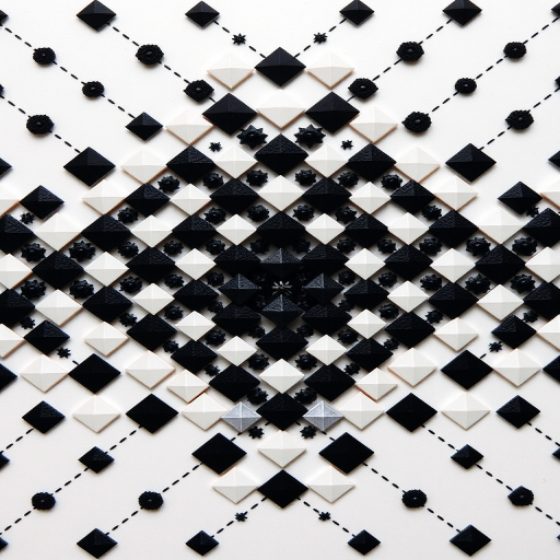 Create a high-resolution abstract pattern consisting of smaller black and white diamonds arranged in a larger diamond formation, focusing on symmetry and contrast, captured with a DSLR camera at f/8 aperture, ISO 100, using a 50mm lens, with a flat lay perspective.