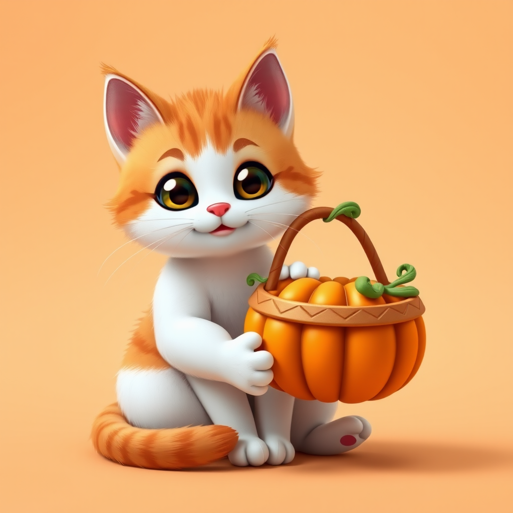 Create a cute cartoon cat with a white body sitting and holding a small pumpkin basket, pastel orange background, shot with a DSLR camera at f/2.8, 1/125 sec, ISO 100, 50mm lens, vibrant colors and sharp focus.