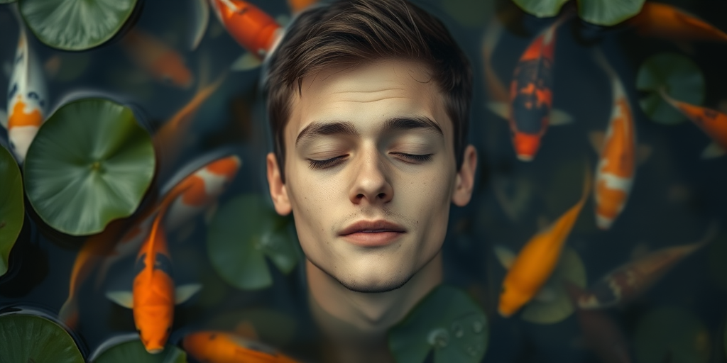 Portrait of a peaceful young man submerged in water with closed eyes, surrounded by colorful koi fish and green lily pads, shallow focus, 50mm lens, f/1.8 aperture, ISO 200, natural ambient lighting, shot from above for dramatic effect, high-resolution digital camera.