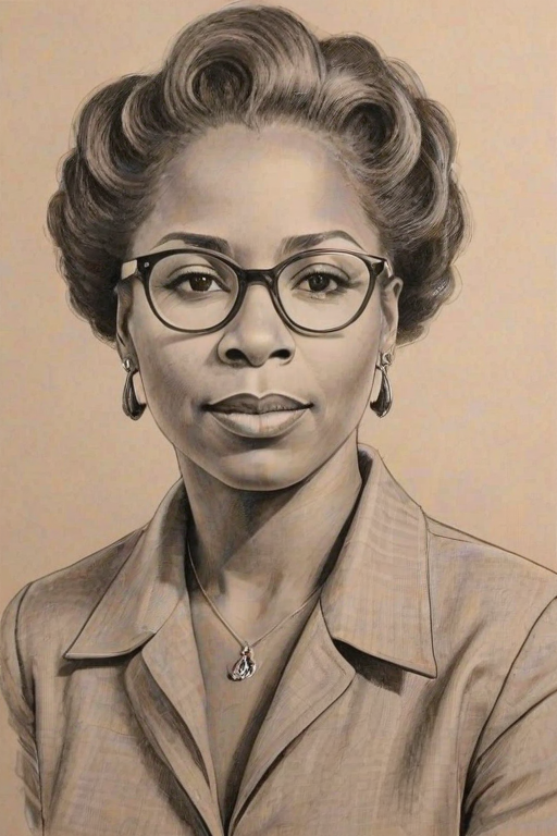 Splendid Iyanla Vanzant, pencil sketch, portrait of Captivating woman 1937s in glasses, hair style beatnik, outline, clear lines, fine lines, 8k