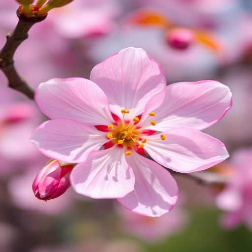 Generate a high-resolution image of a pink cherry blossom flower with five petals and yellow stamens, captured with a 50mm lens at f/1.8 aperture, ISO 100, in soft natural light, from a slightly above angle using a DSLR camera to enhance details and colors.