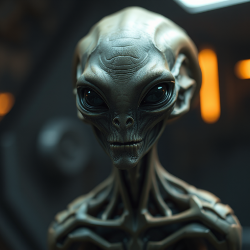 Alien humanoid with detailed texture and intricate features, captured in a dimly lit futuristic environment, using a DSLR camera with a 50mm lens, aperture f/1.8, ISO 100, and a shallow depth of field for enhanced focus on the subject.