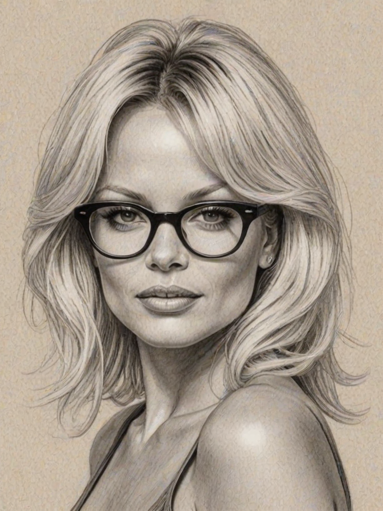 Alluring Pamela Anderson, pencil sketch, portrait of Lovely woman 1923s in glasses, hair style beatnik, outline, clear lines, fine lines, 8k
