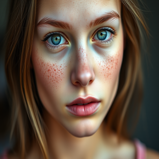 Portrait of a young woman with freckled skin and captivating eyes, soft lighting, 85mm lens, f/1.8 aperture, shallow depth of field, taken in natural light with a DSLR camera, focusing on facial features and skin texture, high-resolution for enhanced detail.
