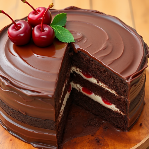 A rich chocolate cake with smooth chocolate frosting and fresh cherries on top, featuring a slice cut out to reveal layers of moist chocolate cake and creamy filling, set on a wooden surface.