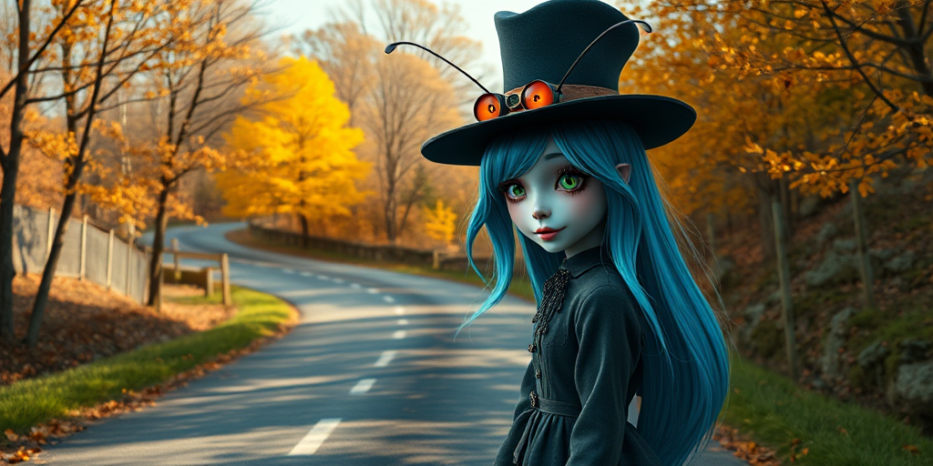 digital art fantasy depicting a strange girl with cyan hair, long eyelashes, white lipstick and a tall hat walking along a winding road on an autumn afternoon, an Cockroach smiles as she passes