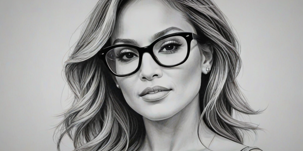 Ravishing Jennifer Lopez, pencil sketch, portrait of Alluring woman 1953s in glasses, hair style beatnik, outline, clear lines, fine lines, 8k
