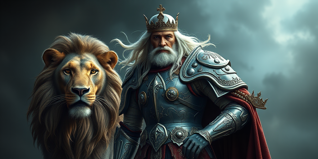 Create a hyper-realistic image of a regal figure in ornate armor, standing confidently with flowing silver hair and a majestic lion with a crown beside them, set against a mystical background, use a Canon EOS R5 camera with a 50mm f/1.2 lens, aperture set to f/1.8, ISO 100, and a shallow depth of field for a dreamy effect.