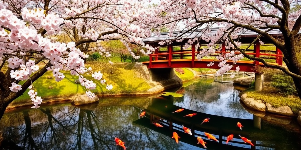 Capture a serene Japanese garden during springtime with cherry blossoms in full bloom, a wooden bridge arching over a tranquil pond filled with koi fish, vibrant colors, early morning light, f/8 aperture, ISO 100, 1/250s shutter speed, wide-angle lens, taken with a DSLR camera.