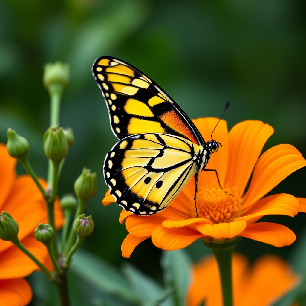 Generate an image of a butterfly perched on a vibrant orange flower. The butterfly should have intricate black and yellow patterns on its wings, and the flower should have soft petals with a gentle curve. Surrounding the flower, include green buds and leaves to create a natural setting.