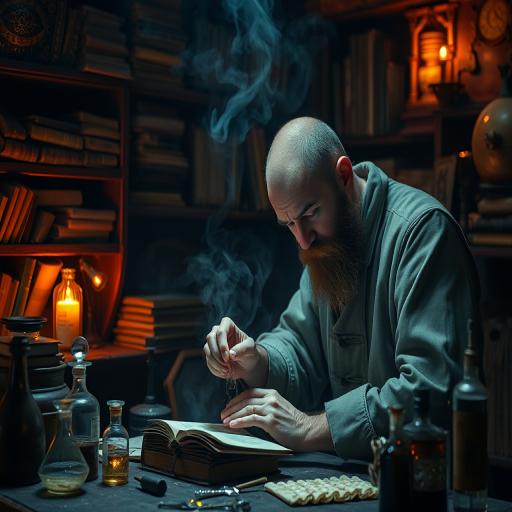 Create an image of a skilled alchemist in a dimly lit workshop, meticulously working with delicate materials, surrounded by ancient books and glowing potions, captured with a Canon EOS R5 at f/2.8, ISO 100, 50mm lens, with soft, warm lighting to enhance the mystical atmosphere and details.