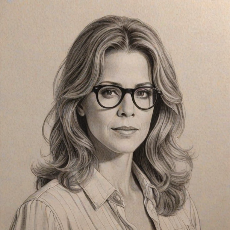 Charming Rita Wilson, pencil sketch, portrait of Superb woman 1975s in glasses, hair style beatnik, outline, clear lines, fine lines, 8k