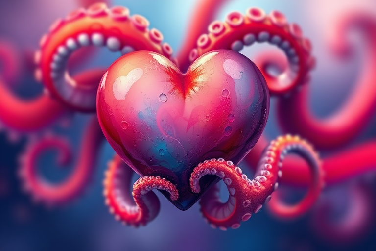 Create a colorful illustration of a heart with octopus tentacles wrapped around it, using a vibrant color palette with shades of red, blue, and purple, captured in high resolution with a Canon EOS R5, 50mm lens, f/1.8 aperture, ISO 100, and soft focus lighting for a whimsical effect.