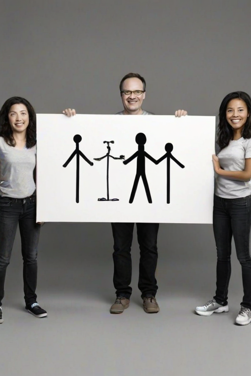 draw a simple black and white stick figure scene with one large stick figure holding a sign that says TEAM surrounded by four smaller stick figures all smiling