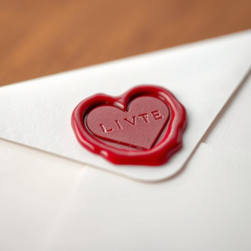 Create a highly detailed image of a white envelope with a red wax seal in the shape of a heart, shot in close-up with a 50mm lens, aperture at f/1.8 for shallow depth of field, soft lighting to enhance texture, using a DSLR camera for high resolution and clarity.