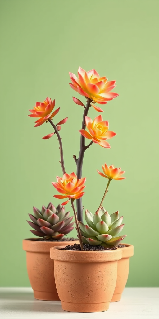 generate a digital illustration of three vibrant succulent plants in terracotta pots against a soft green background, use a Canon EOS R5 camera with a 50mm lens, aperture set to f/2.8 for shallow depth of field, ISO 100 for clarity, and a soft natural light setup for even illumination