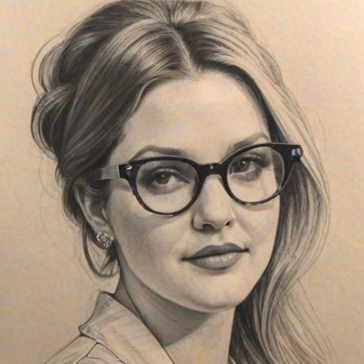 Magnificent Drew Barrymore, pencil sketch, portrait of Fascinating woman 1967s in glasses, hair style beatnik, outline, clear lines, fine lines, 8k