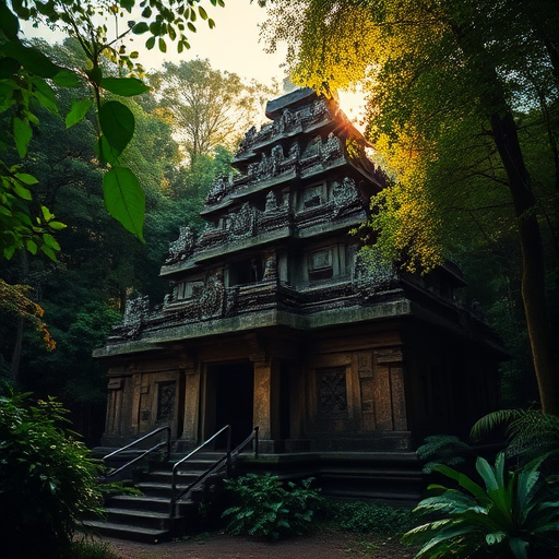 Ancient temple in a dense jungle setting, lush greenery surrounding the structure, dramatic sunlight filtering through the canopy, taken with a DSLR camera, 24mm lens, f/8 aperture, ISO 200, shot at golden hour from a low angle to emphasize the grandeur and depth.