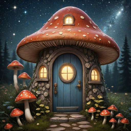 this photo is illustration of a mushroom house with a door and a window, a storybook , fantasy art, mushroom house, bg starry sky, sparkles