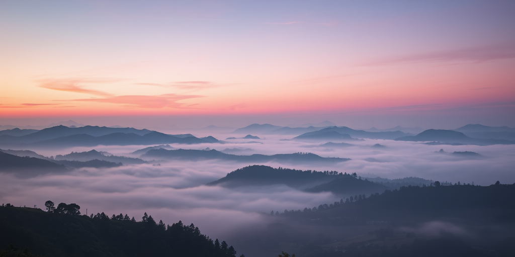 Create a serene misty landscape at dawn with layered mountains and soft pink and purple hues in the sky, shot with a Canon EOS R5, 24mm lens, f/8 aperture, ISO 100, 1/125 sec shutter speed, using a wide-angle perspective for enhanced depth and clarity.