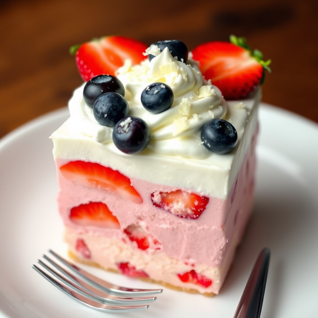 Create an image of a layered dessert with three distinct colors the bottom layer is pink with pieces of strawberries the middle layer is white and the top layer is light blue the dessert is topped with whipped cream and garnished with fresh strawberries blueberries and white chocolate shavings the dessert is presented on a white plate with a fork beside it.